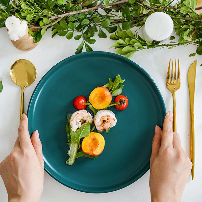 Nordic Ins Wind Color Glaze Tableware Household Steak Plate Dish Net Red Ceramic Simple Creative Western Food Disc Knife and Fork