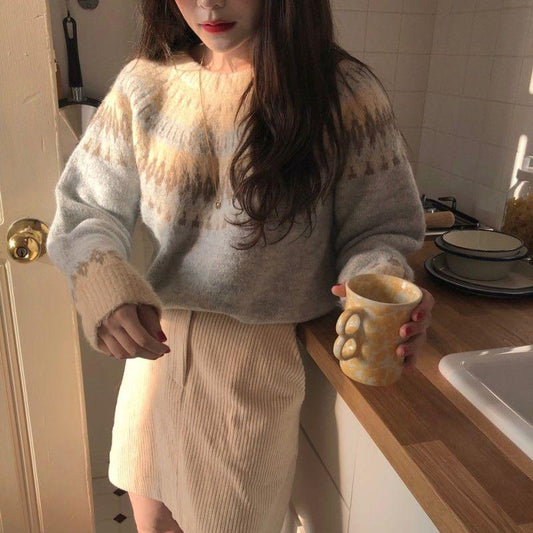 Autumn Winter Nordic Vintage Printed Sweater Thickened Rhombus Woven Jacquard Sweater Loose Knit Sweater Outer Wear
