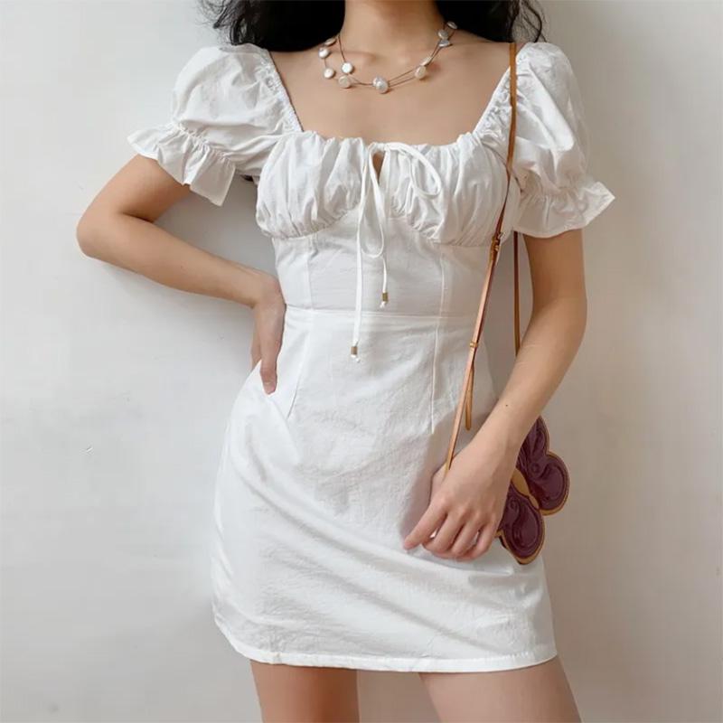 White Dress French Palace Style Retro Square Neck Puff Sleeve Holiday Skirt Women's Slim S-L Size