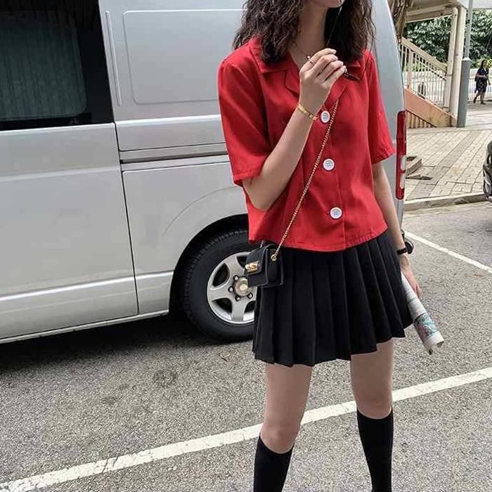 Women High Waist Thin Pleated Skirt College Style Anti-lightening Solid Color Mini A-line Skirt
