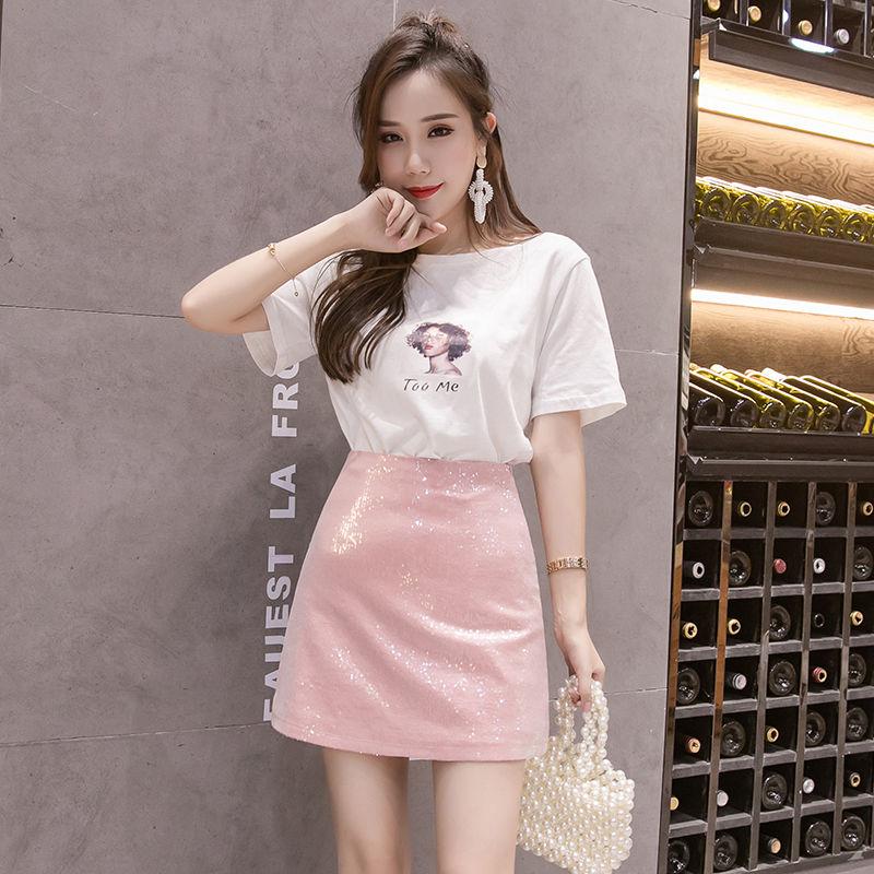 Sequins Sexy Tight A-line Hip Skirt Women Short Skirt Knee-length  Zipper Club Casual Home Office