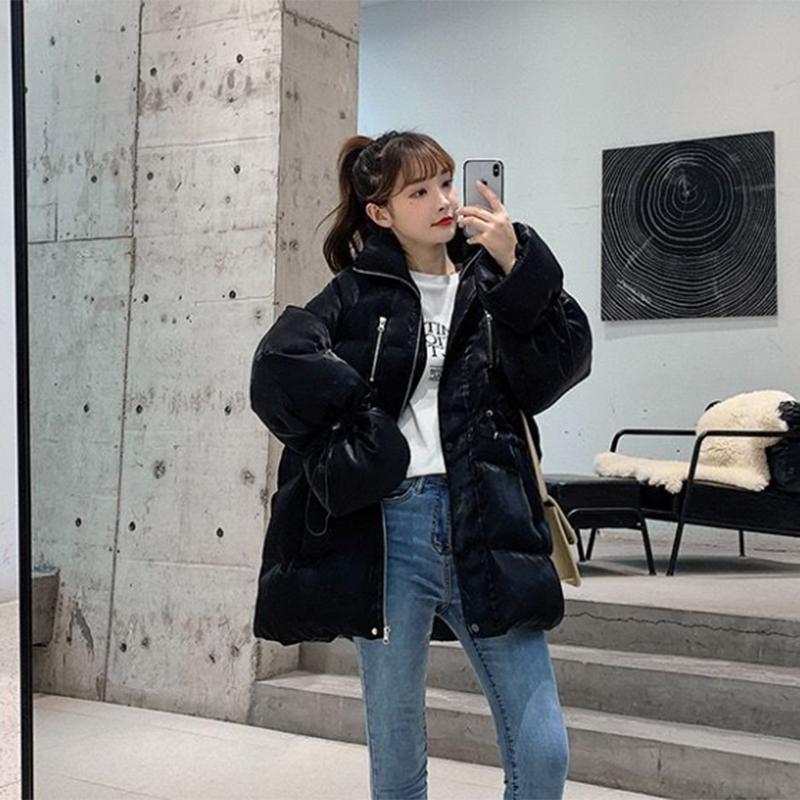 Women's Winter Korean Loose Quilted Coat Warm Stand-collar Down Jacket Women's Glossy Mid-length Down Jacket