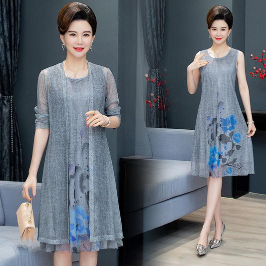 Chiffon Shirt + Dress 2pcs Suit  Women's Sun Protection Clothing Sun-Dress Mid-length Plus Size Shawl Loose Outer Chiffon Cardigan Thin Coat Beach