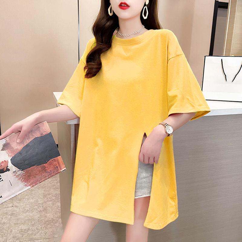 Women's Short-sleeved T-shirt Tops Loose Cotton Mid-length Short-sleeved Irregular Split T-shirts Women's Color T-shirts