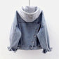 Denim Jacket Ladies Plus Velvet Thin Velvet Autumn and Winter Short Hooded Lamb Wool Cotton Jacket All-match  Cardigan Tops