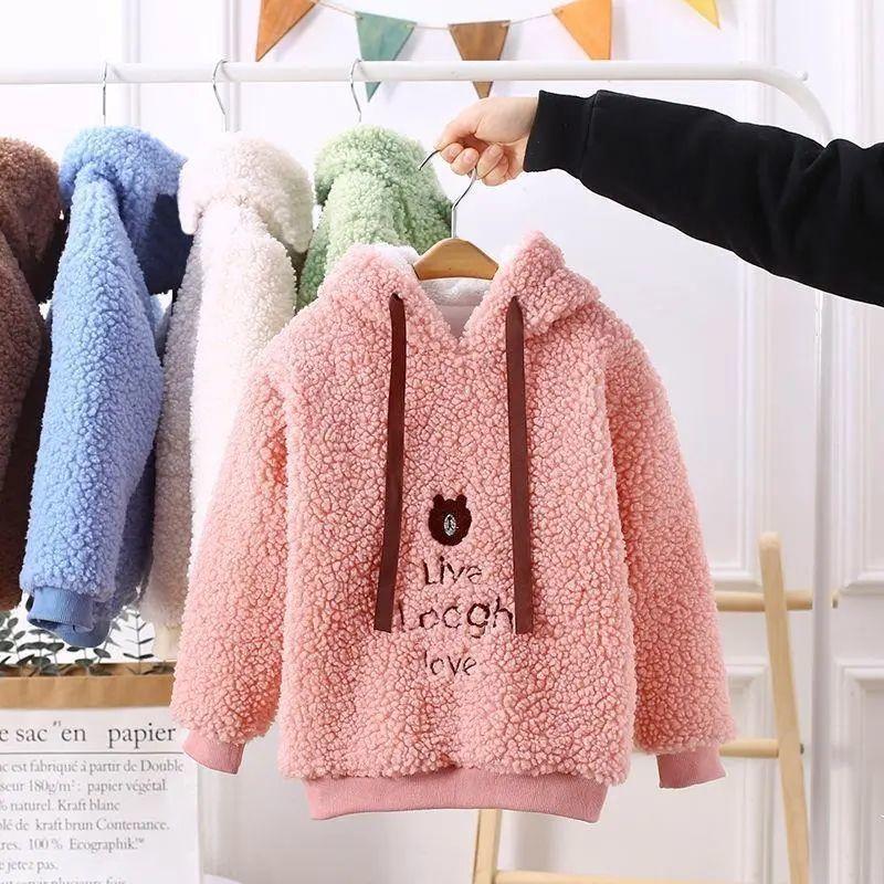Autumn and Winter Girls' Korean Version of Lamb Velvet Sweater Hooded Long-sleeved Pullover Plus Velvet Thickening