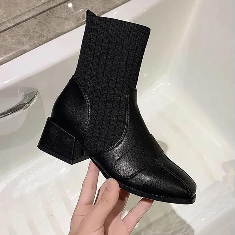 Women's Thick Heel Fashion Boots Autumn and Winter Trend All-match High-heeled Boots Short Tube High-top Shoes Microfiber Sock Boots