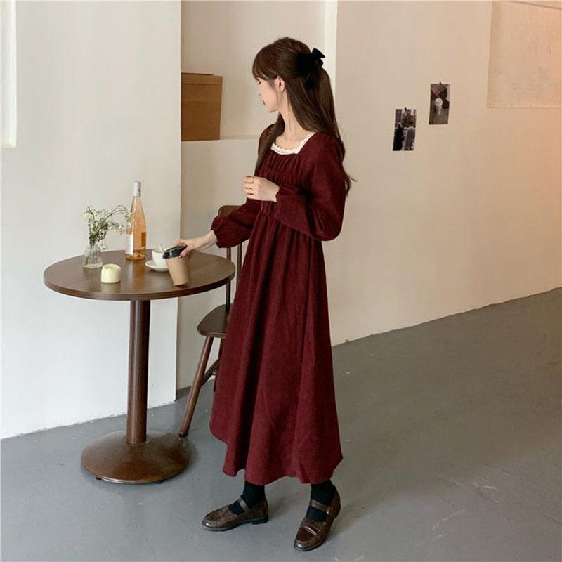 Spring and Autumn Korean Version of French Temperament Square Collar Lace Folds Waist Dress Students