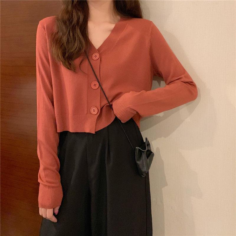 Spring and Autumn Knitted Cardigan Long Sleeve V-neck Sweater Solid Color Short Casual Coat
