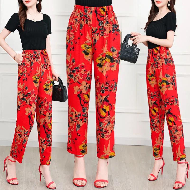 Cotton Linen Women's Trousers Flower Pants Plus Size Elastic Waist Straight-leg Pants Printed Fashion Casual Pants Summer