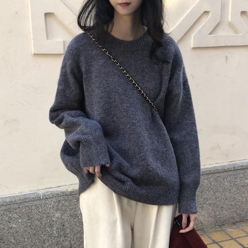 Large Size Sweater Women Korean Version Loose Solid Color Round Neck Pullover Long Sleeve Sweater Top Ins
