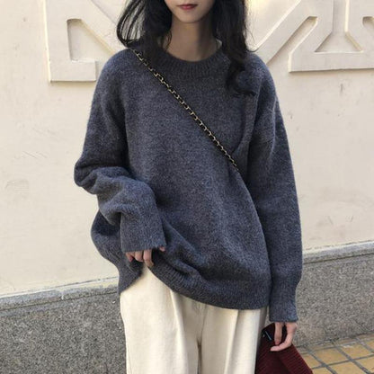 Large Size Sweater Women Korean Version Loose Solid Color Round Neck Pullover Long Sleeve Sweater Top Ins