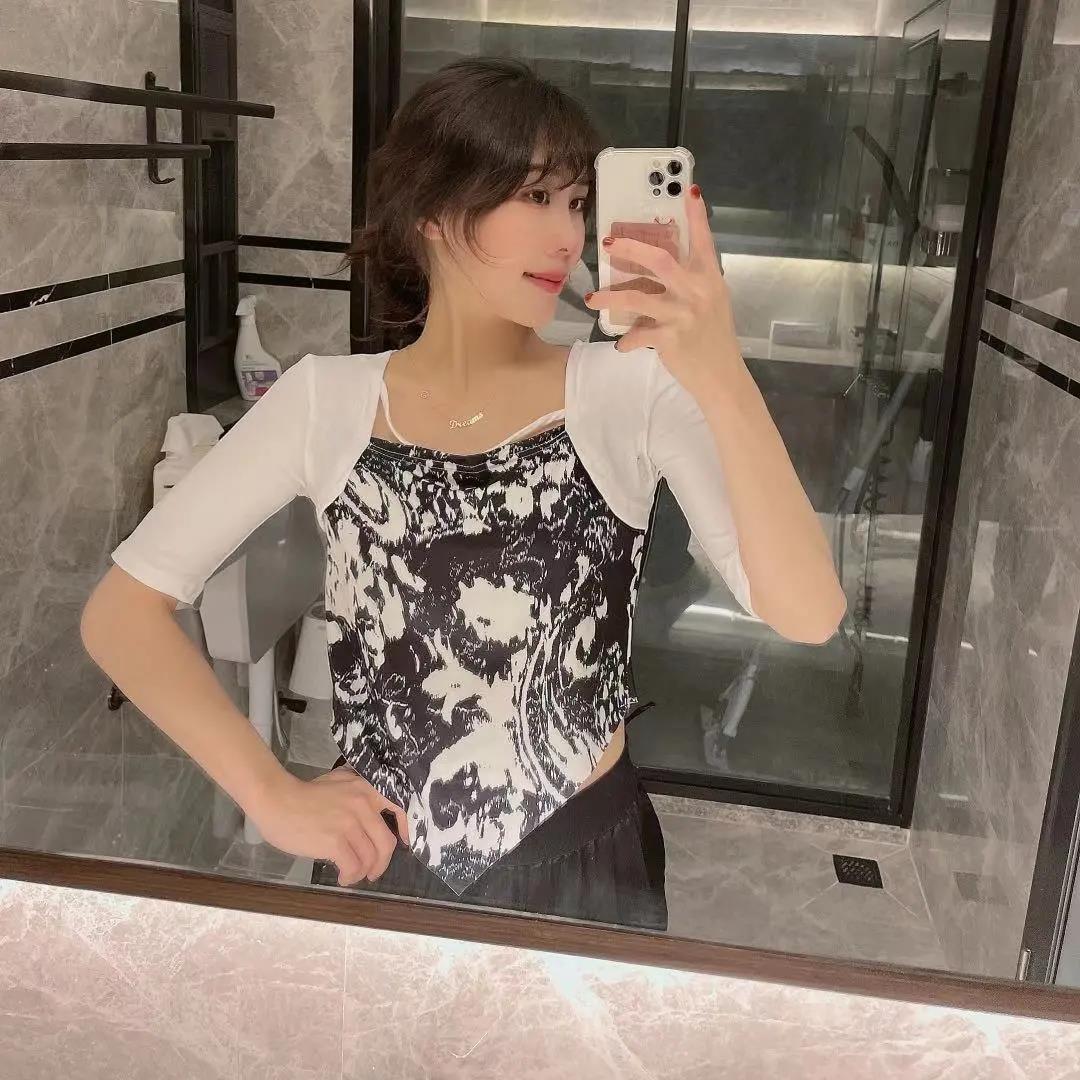 Splicing T Shirt Summer Fashion Women Cool Irregular Print T-Shirt  Loose Casual Tee