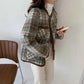 Retro Temperament Round Neck Contrast Color Plaid Design Loose Single-breasted Long-sleeved Woolen Coat Ladies Warm Thick Coat