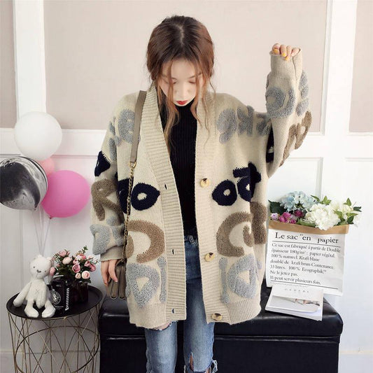 Autumn and Winter Women's Letters Loose Knitted Jacket Long-sleeved Sweater Cardigan Women