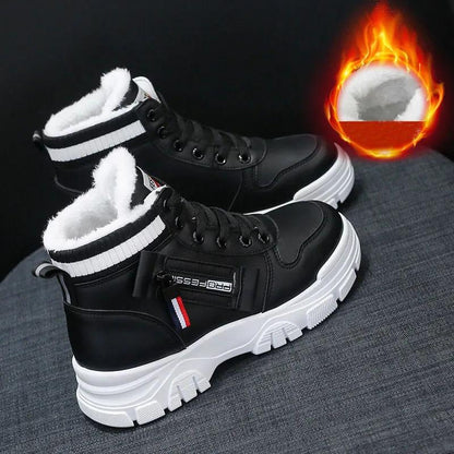 Leather High-top Cotton Boots Women's Shoes Snow Boots Women's Wild Autumn and Winter Plus Velvet White Shoes Women's Cotton Shoes