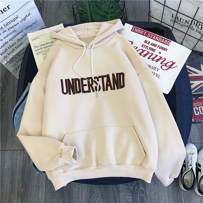 Women's Autumn/winter Fashion Letter Embroidered Hoodie Plain Color Loose Sweatshirt