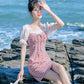 Women's Summer Plaid Dress Square Collar Slim Puff Sleeves Mid-length Skirt