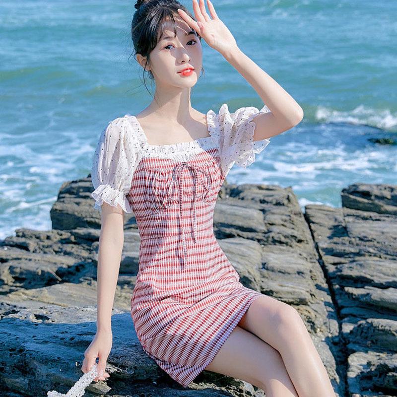 Women's Summer Plaid Dress Square Collar Slim Puff Sleeves Mid-length Skirt