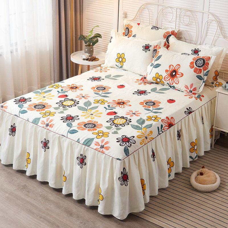 Quilted Bed Bed Skirt and Cover Protector Simple Solid Color Non-slip Dustproof Bed Cover Sheet