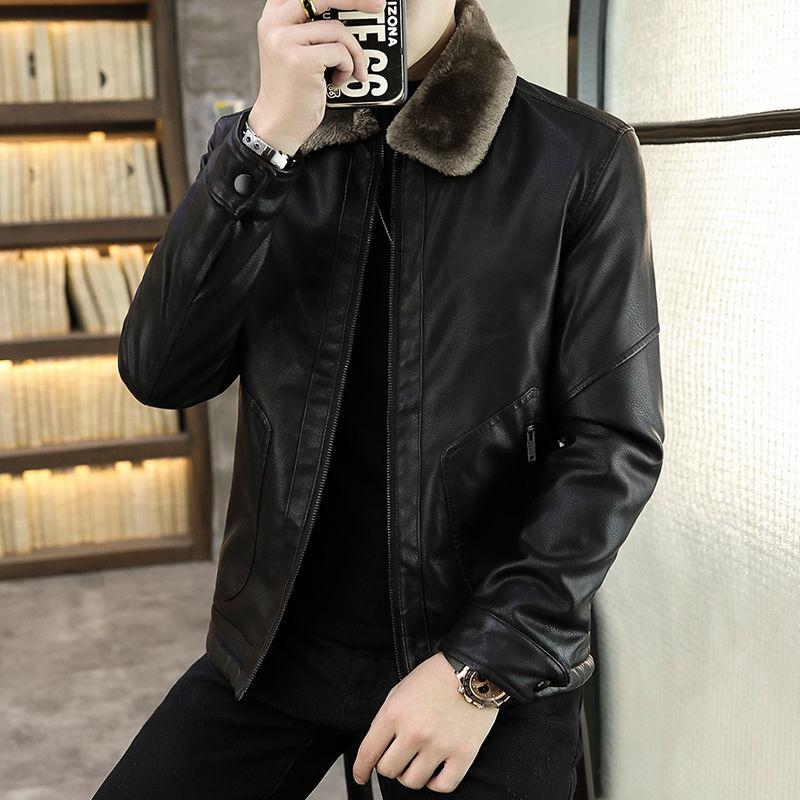 Leather Jacket Men's Winter Green Middle-aged Plus Velvet Thickening Men's Leather Jacket Jacket Fur One Parker Men's Clothing