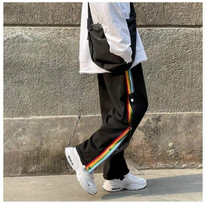Spring and Summer Thin Ins Sweatpants Men's Rainbow Striped Sweatpants Loose Straight Side-breasted Guard Pants