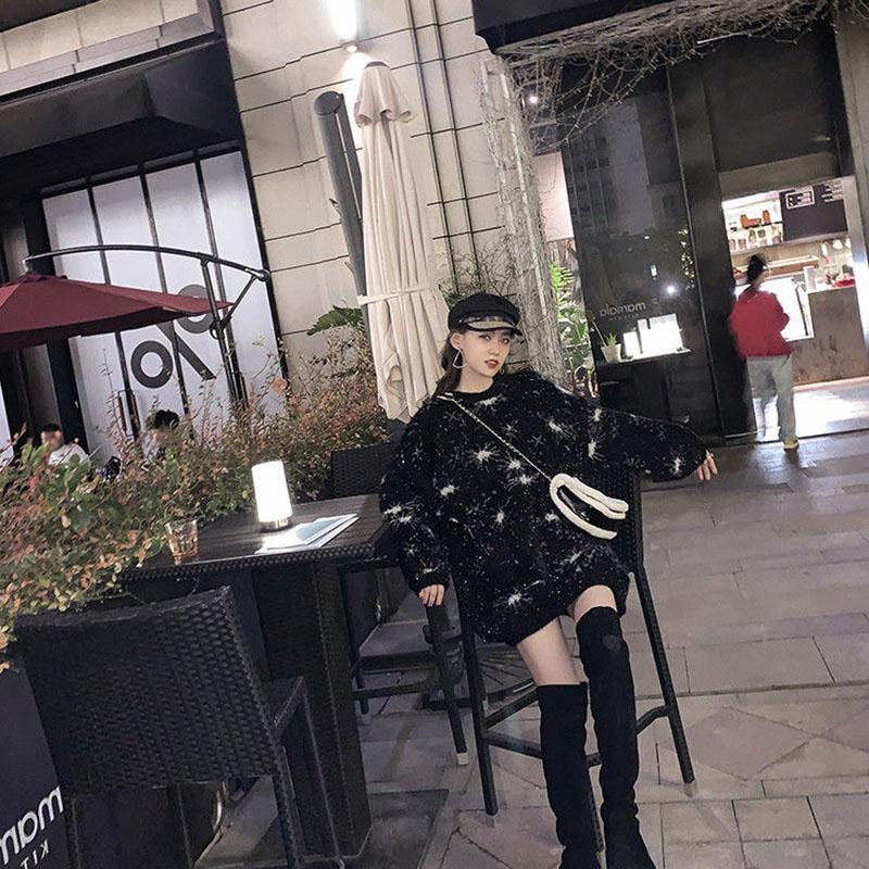 Autumn and Winter Fashion All-match Sweater Pullover Loose Shiny Silk Top Mid-length Snowflake Pattern Female Sweater