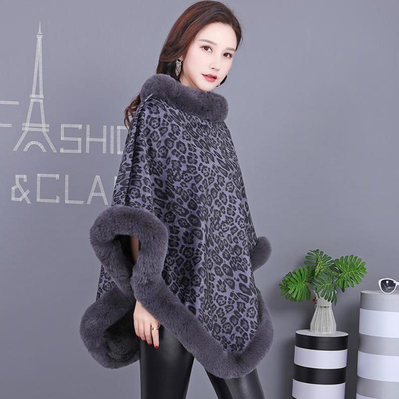 Women's Leopard Print Cape Shawl Autumn Winter Plus Velvet Thick Sleeveless Bat Blouse Jacket with Fur Collar Stand-up Collar Pullover Cloak Mantle