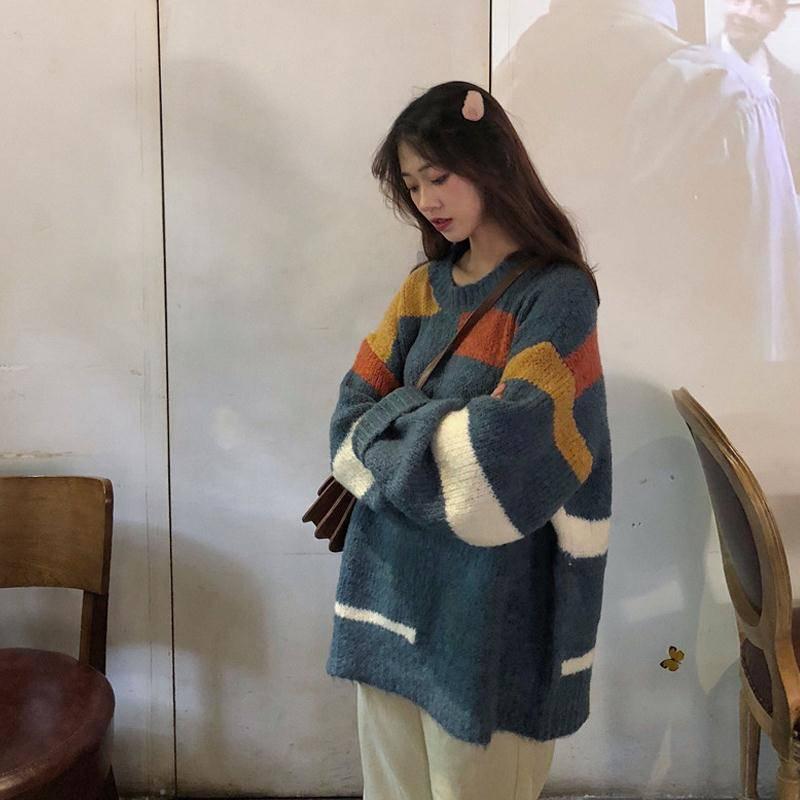 Pofulove Autumn Winter Harajuku Stitching Striped Mid-length Pullover Sweater Loose Sweater Coat