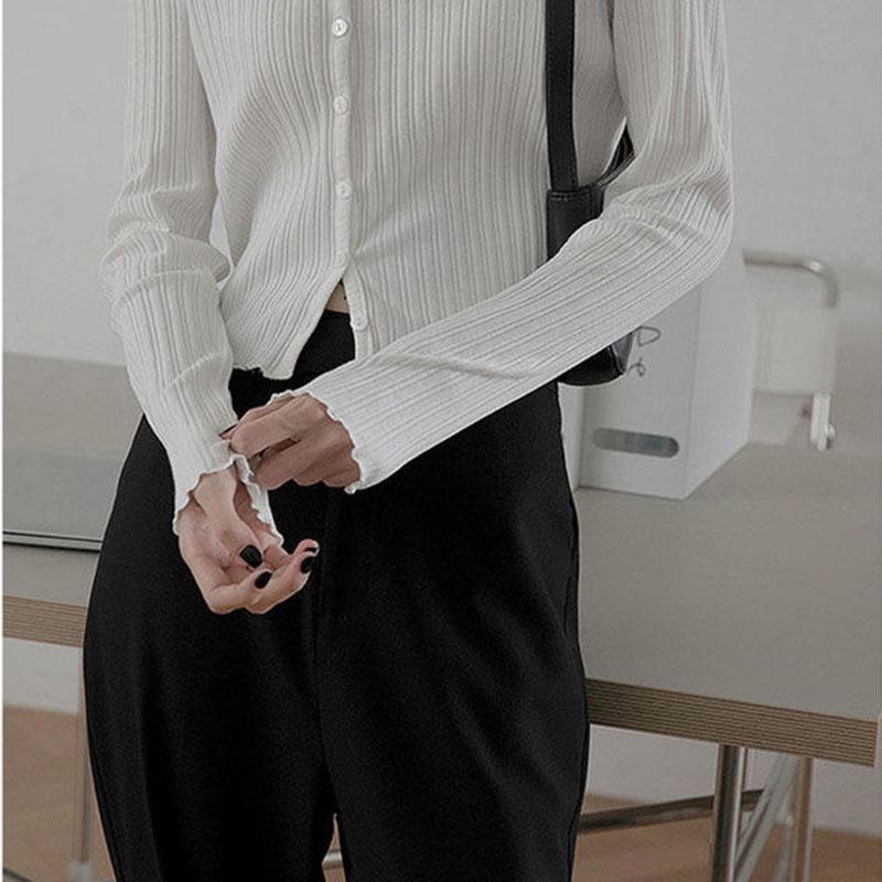 Autumn Korean Cardigan Top V-neck Knit Jacket Short Long Sleeve Striped Young Women Sweater