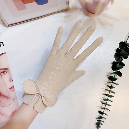 Suede Gloves Female Touch Screen Winter Windproof Cold Warm Plus Velvet Korean Version Cute Bow Gloves