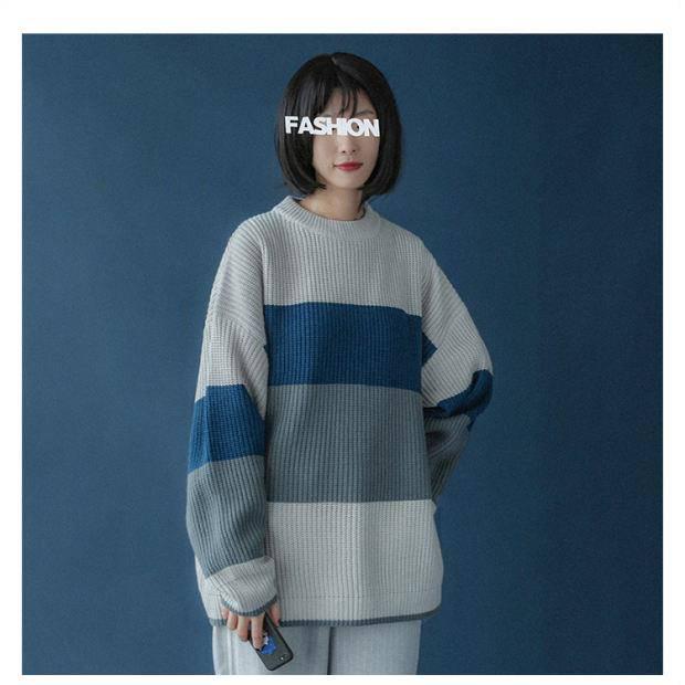 Pofulove Autumn Winter Thick Sweater Women Fashion Loose Outer Pullover Jacket Knitting Blue Yellow