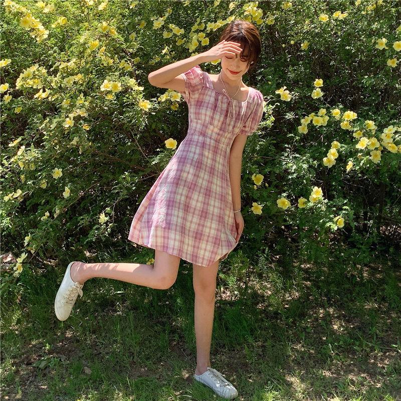Summer French Elegant Square Neck Bubble Sleeve Plaid Dress Female Waist Slim Short Vacation Dress
