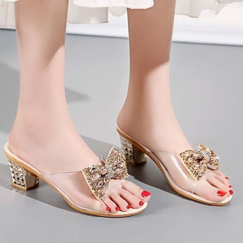 Sandals and Slippers for Women's Outer Wear Fashion Crystal Thick Heel Comfortable Sequins Rhinestone Bow Female Summer Sandals and Slippers