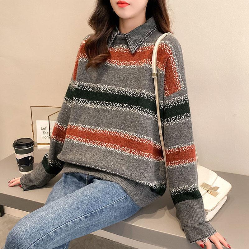 Fake Two Piece Stitching Shirt Denim Collar Sweater Women Autumn and Winter Korean Loose Fashion All-match Blouse Women