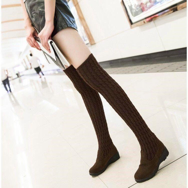Woman Thigh High Boots  Knitting Bootleg Over Knee Boot  Ladies Winter Wedges Boots