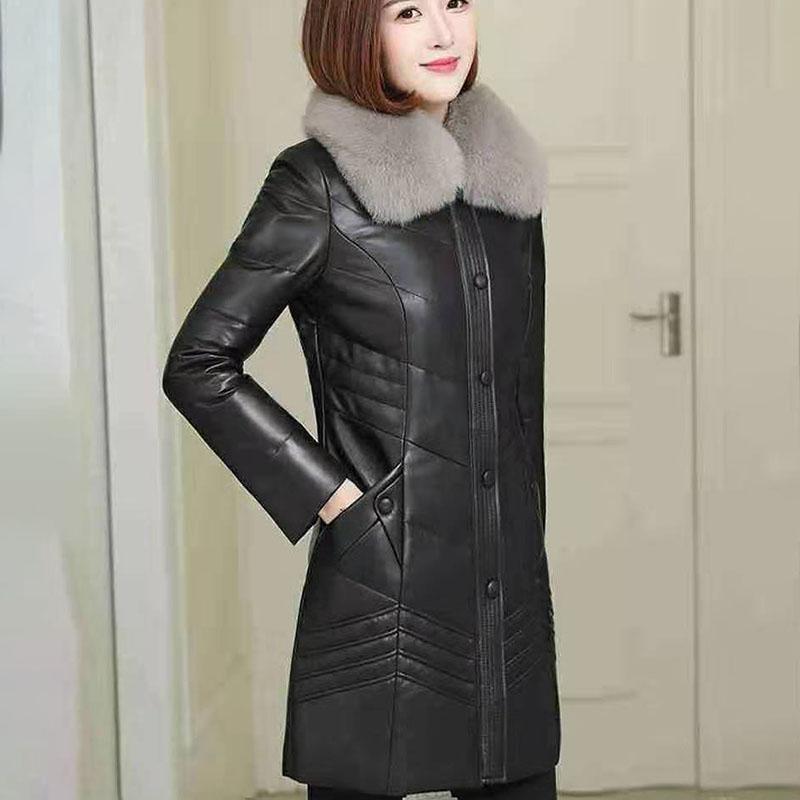 Women's PU Leather Coat  Mid-length Windproof Thick Warm Parka with Detachable Fur Collar Female Overcoat Outerwear Plus Size