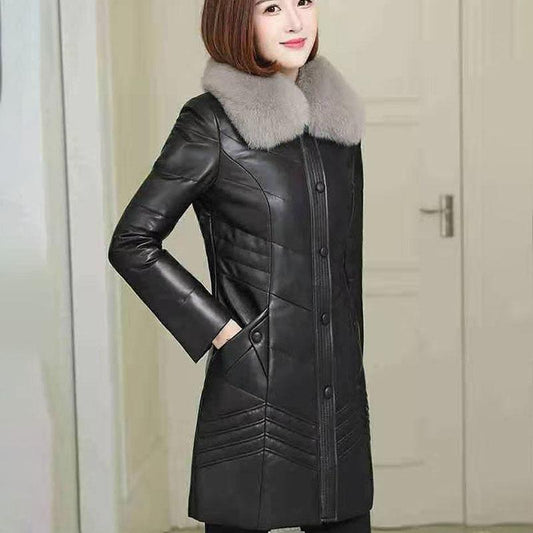 Women's PU Leather Coat  Mid-length Windproof Thick Warm Parka with Detachable Fur Collar Female Overcoat Outerwear Plus Size