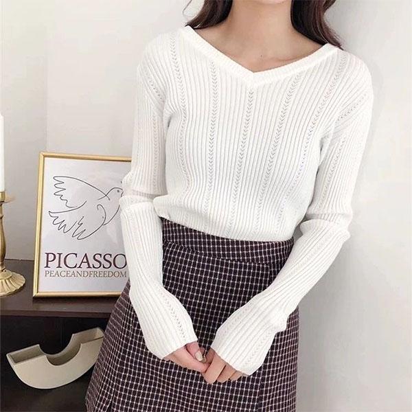 Knit Sweater Women's Long-sleeved V-neck Bottoming Shirt Thread Blouse Spring and Autumn Loose Sweater