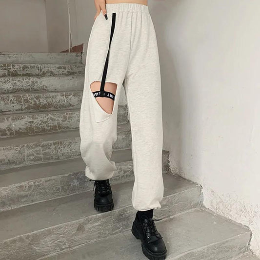 Grey Fried Street Sweatpants Women Loose Leggings Pants Tide Design Sense of Holes High Waist Slimming Harlan Guard Pants Summer