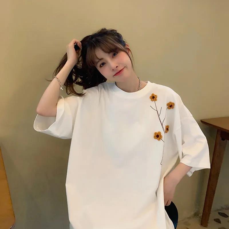 Pure Color Flower Pattern Embroidery Women  Causal  T Shirt Tee Lady Girl Top Hipster Cartoons Style T-Shirts