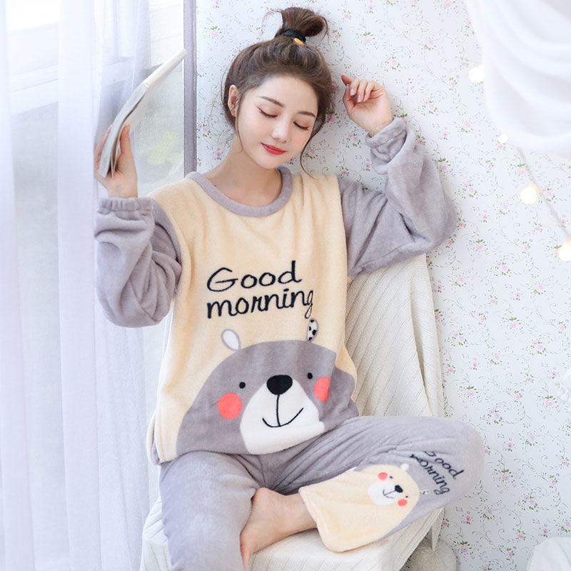 Genuine Flannel Autumn and Winter Women's Pajamas Plus Velvet Thick Coral Fleece Suit Large Size Warm Home Service