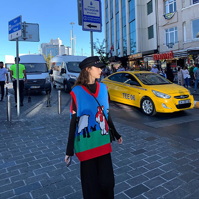 Pofulove Spring Autumn Sleeveless Sweater Vest Female Rabbit Pattern Knitted Sweater V-neck Vest