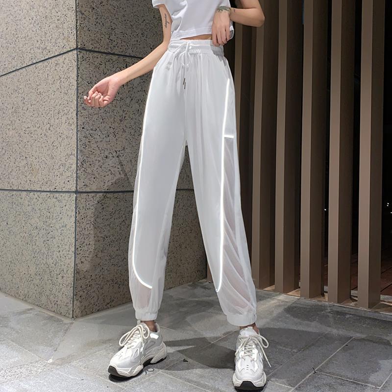 Reflective Strip Stitching Mesh Pants Summer Korean Thin Section High Waist Casual Pants Women's Sports Pants