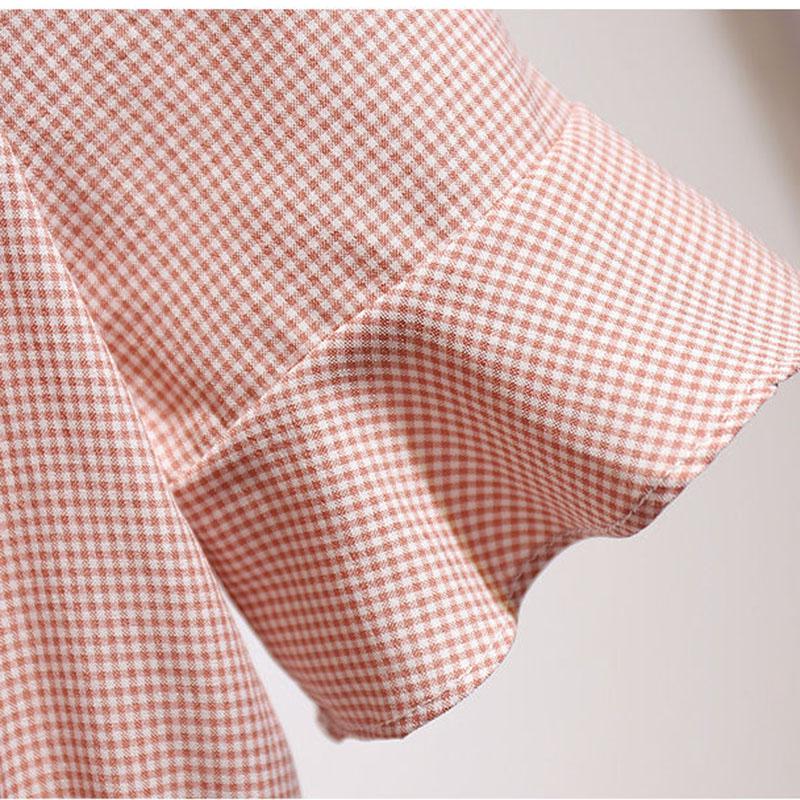 Pofulove Plaid Dress Summer Women  Oblique Shoulder Mesh Dress Shirt Dress with Pockets