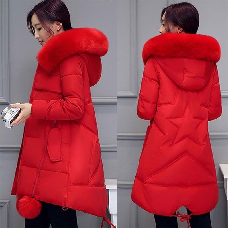 Women's Solid Color Embroidered Down Jacket Mid-length Korean Style Loose Thick Coat Warm Cotton Coat Large Fur Collar Winter Quilted Jacket