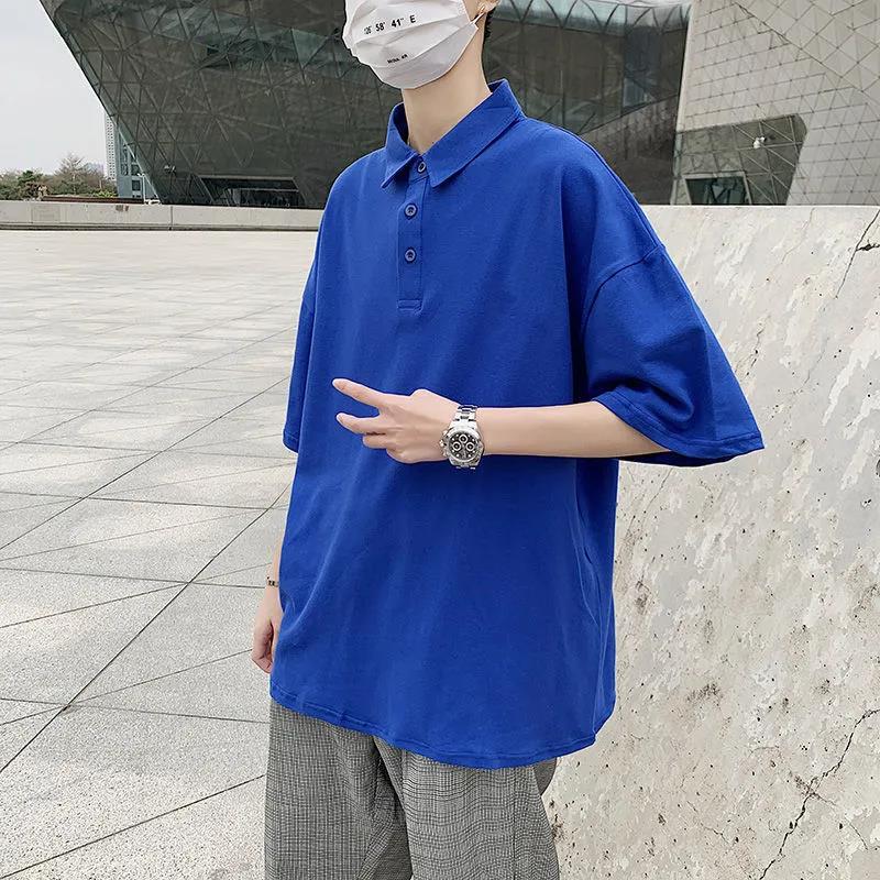 Short-sleeved T-shirt Boys Summer Loose Wild Student Half-sleeved   Shirt Ins Trend Solid Color Lapel Top