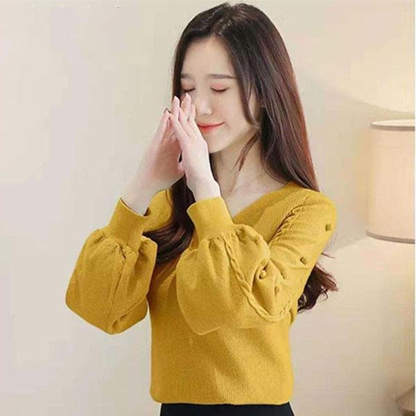 V-neck Loose Lantern Sleeves Slimming Lace-up Short Long-sleeved Sweater Women Knit Sweater