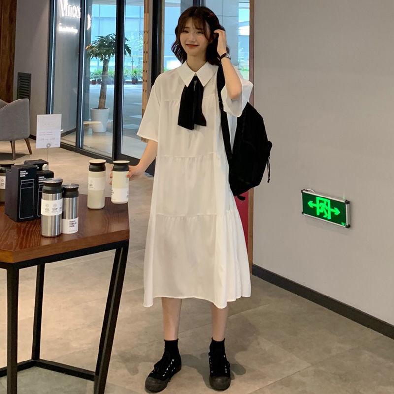 Cute Sweet Girl Bow Ruffle College Style Mid-length A-shaped Skirt Age Reduction Looser  Short Sleeve Dress