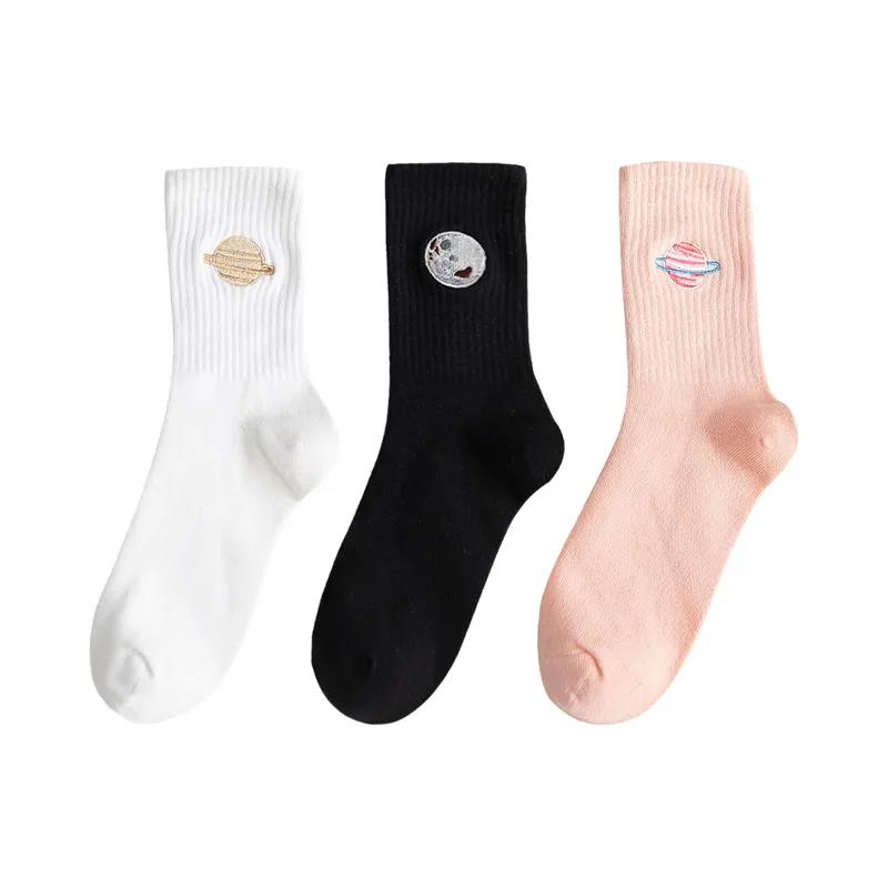 Three Pairs of Women's Tube Socks Trend All-match Cotton Tube Socks Planet Pattern Couple Socks